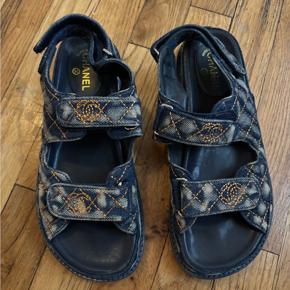 Chanel Blue and Gold Sandals with Velcro Straps